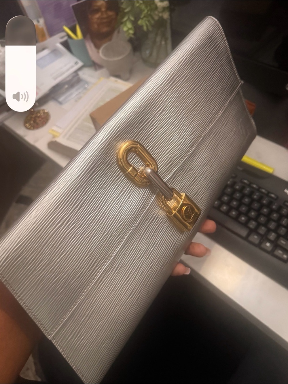 Louis Vuitton Silver Textured Key & Card Holder with Gold Hardware Accent
